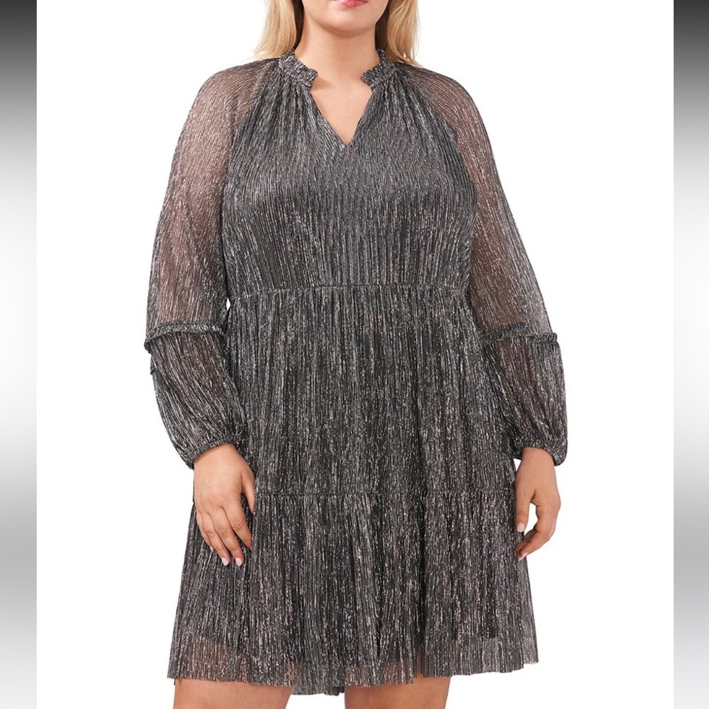 CeCe Split V-Neck Long Sleeve Metallic Dress, size 1X in the color “gun metal”